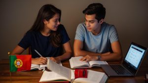Estudiantes hispanohablantes aprendiendo portugués y evitando errores comunes.
